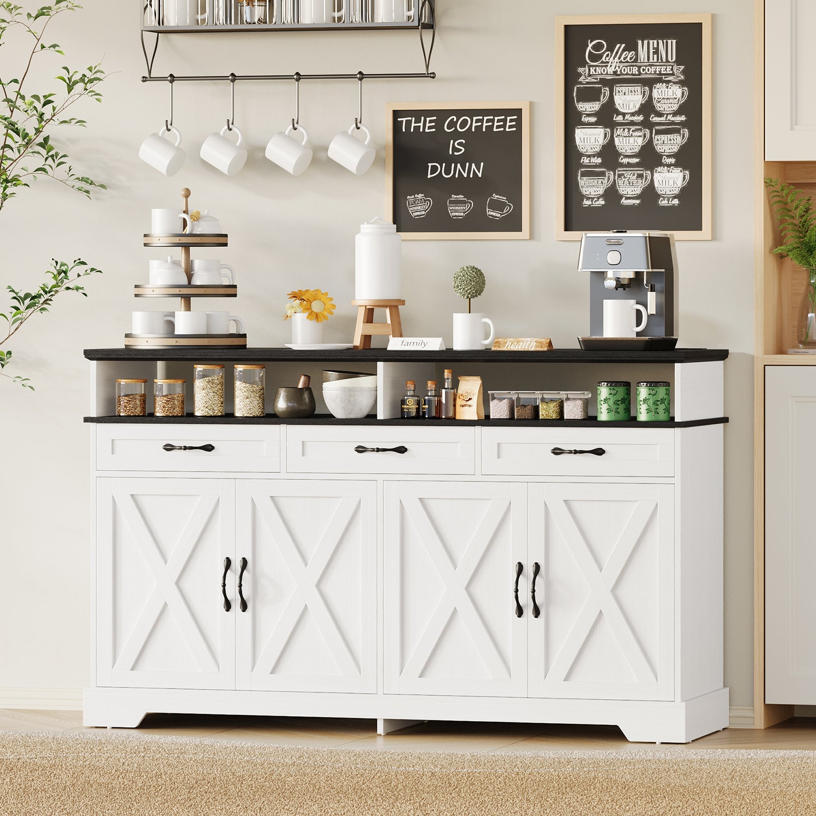 63" Buffet Cabinet with Charging Station, White
