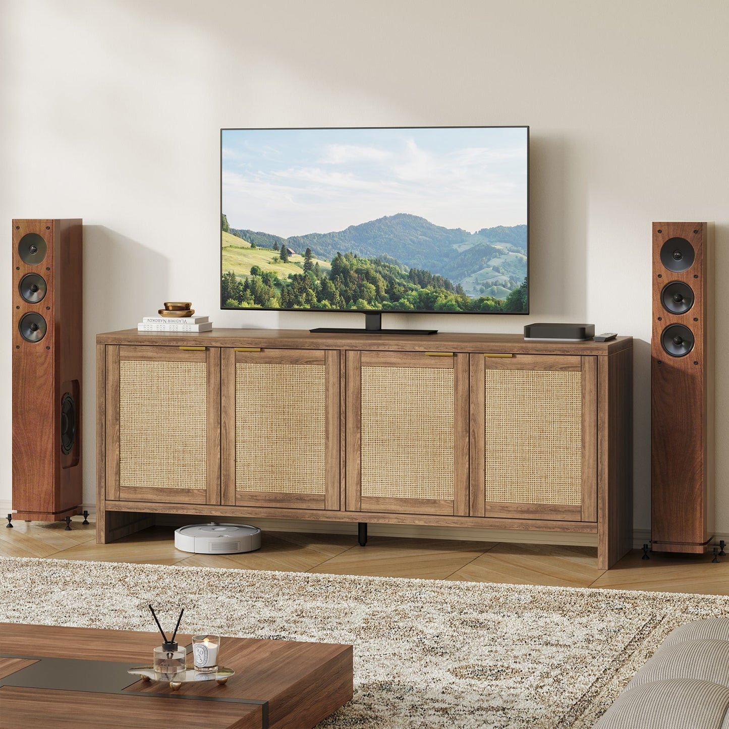 Vektaya US - SR011 - WA 61.5" Rattan TV Stand for TVs up to 65", 4 - Door, Walnut - VektayaFurnitureUS-SR011-WA