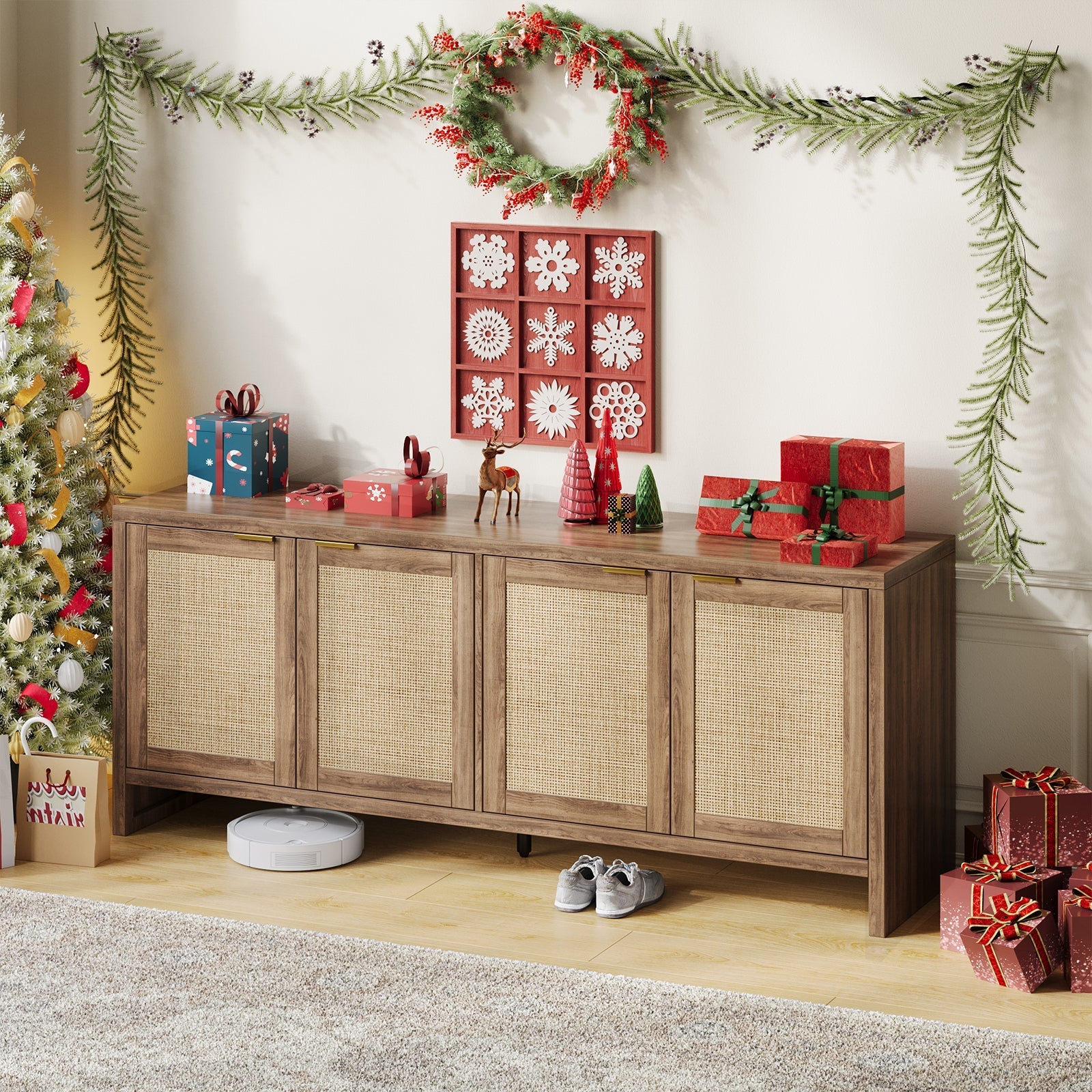 Vektaya US - SR011 - WA 61.5" Rattan TV Stand for TVs up to 65", 4 - Door, Walnut - VektayaFurnitureUS-SR011-WA