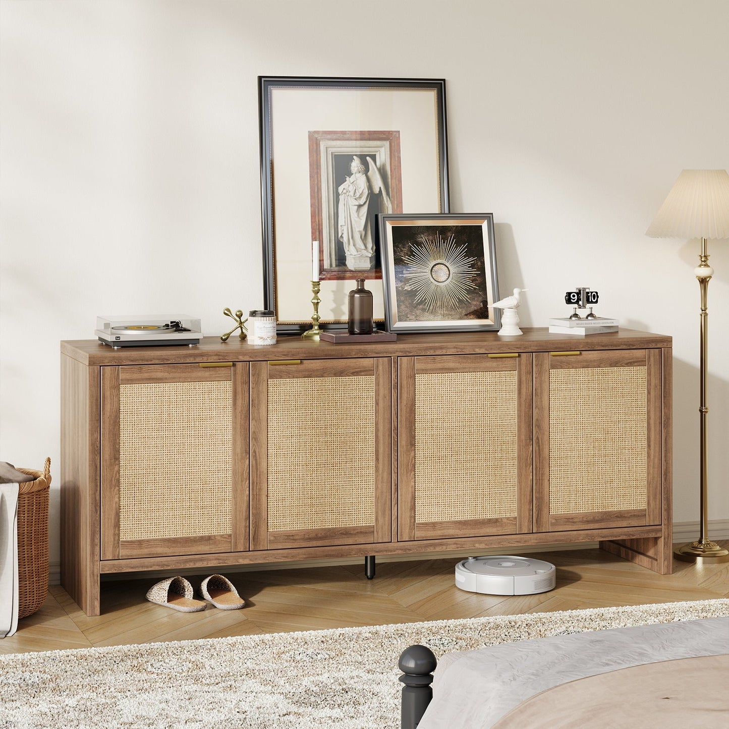 Vektaya US - SR011 - WA 61.5" Rattan TV Stand for TVs up to 65", 4 - Door, Walnut - VektayaFurnitureUS-SR011-WA