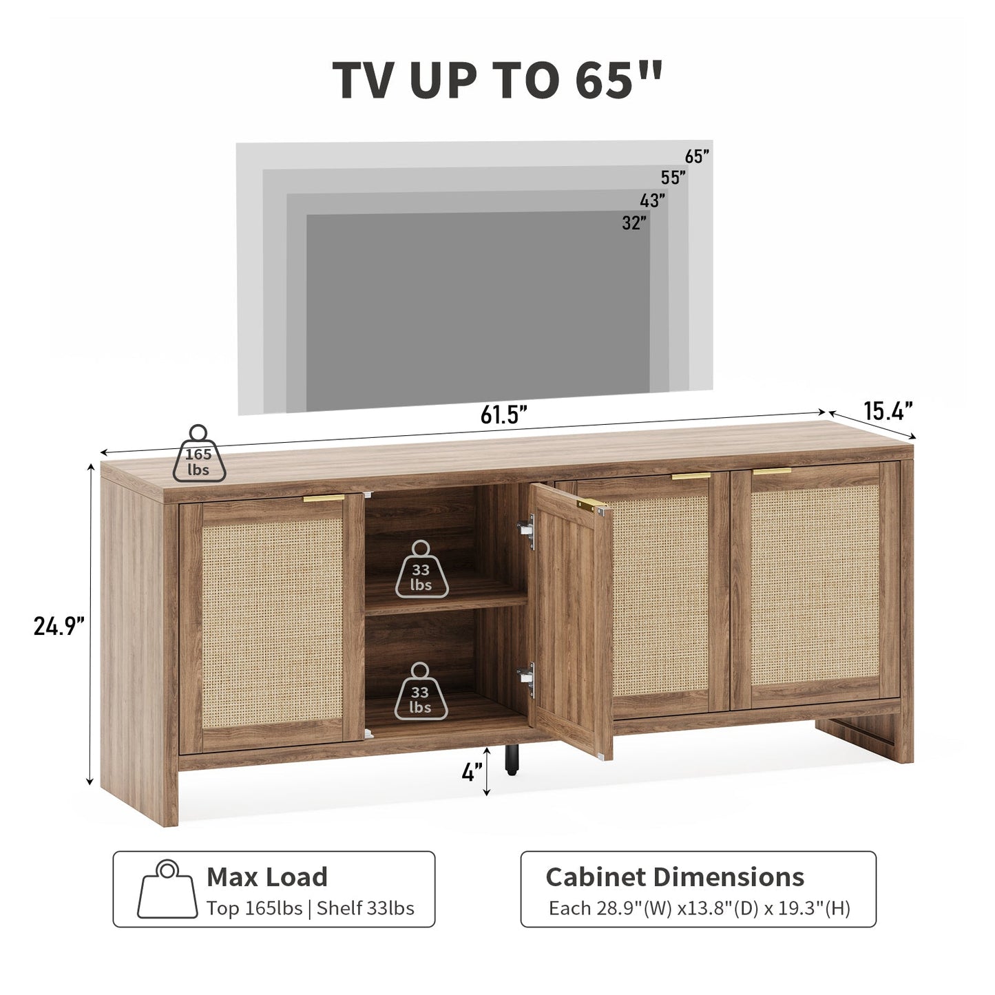 Vektaya US - SR011 - WA 61.5" Rattan TV Stand for TVs up to 65", 4 - Door, Walnut - VektayaFurnitureUS-SR011-WA