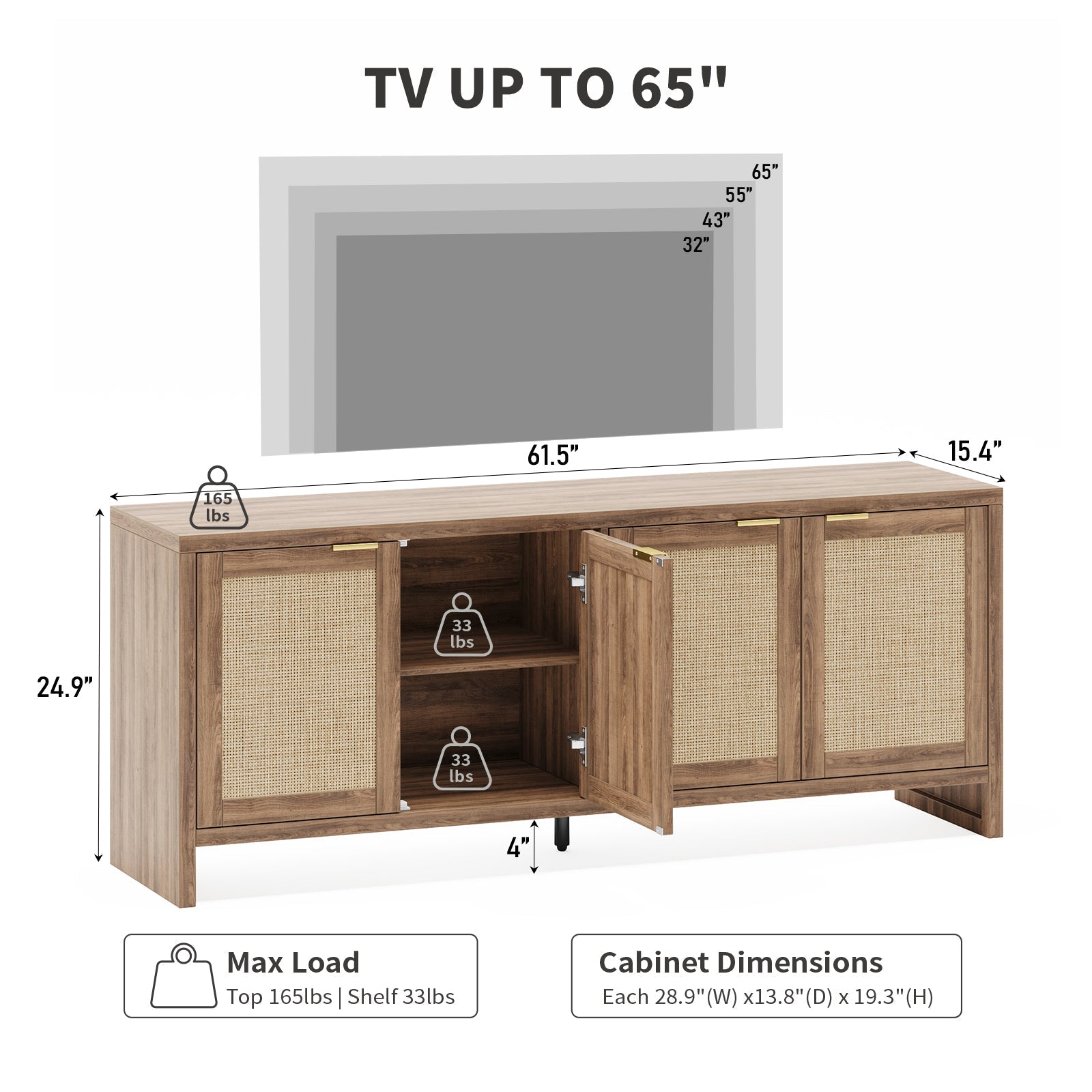 Vektaya US - SR011 - WA 61.5" Rattan TV Stand for TVs up to 65", 4 - Door, Walnut - VektayaFurnitureUS-SR011-WA
