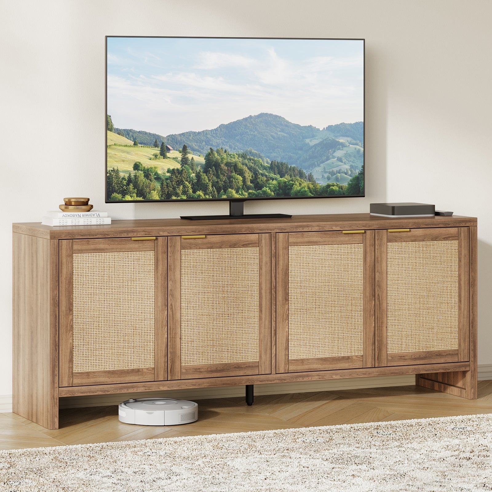 Vektaya US - SR011 - WA 61.5" Rattan TV Stand for TVs up to 65", 4 - Door, Walnut - VektayaFurnitureUS-SR011-WA