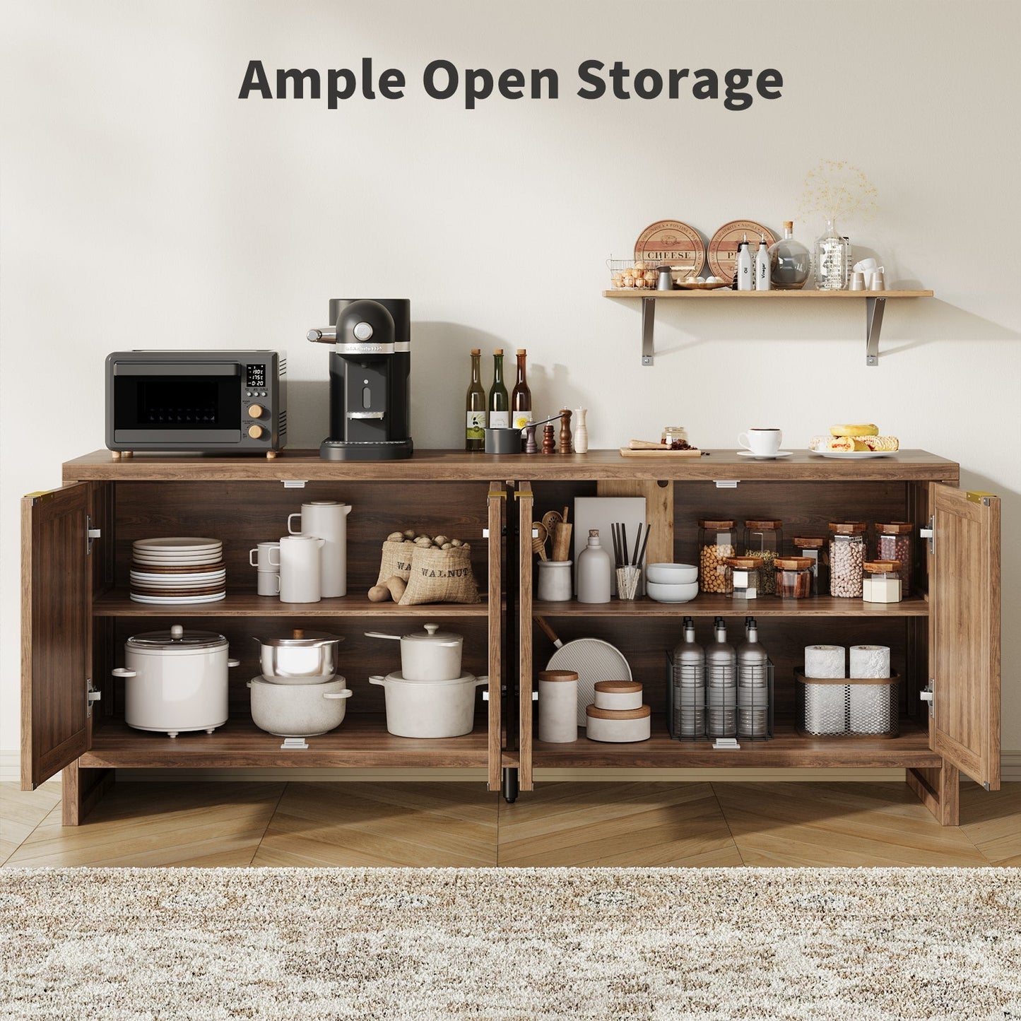 Vektaya US - SR011 - WA 61.5" Rattan TV Stand for TVs up to 65", 4 - Door, Walnut - VektayaFurnitureUS-SR011-WA