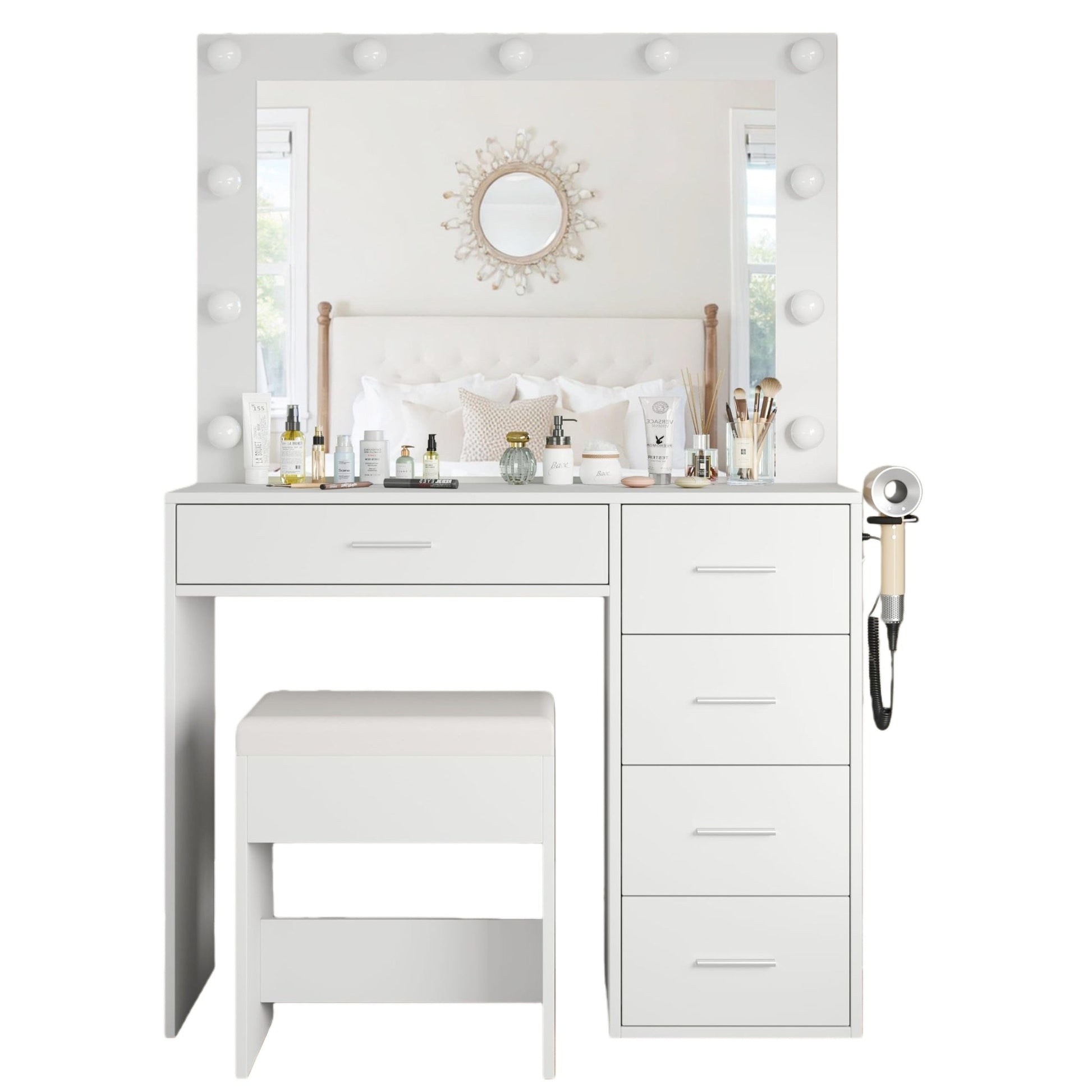 Vektaya US - VD001 Bedroom Makeup Vanity desk with LED Mirror, 5 Drawers - VektayaFurnitureUS-VD001-WH