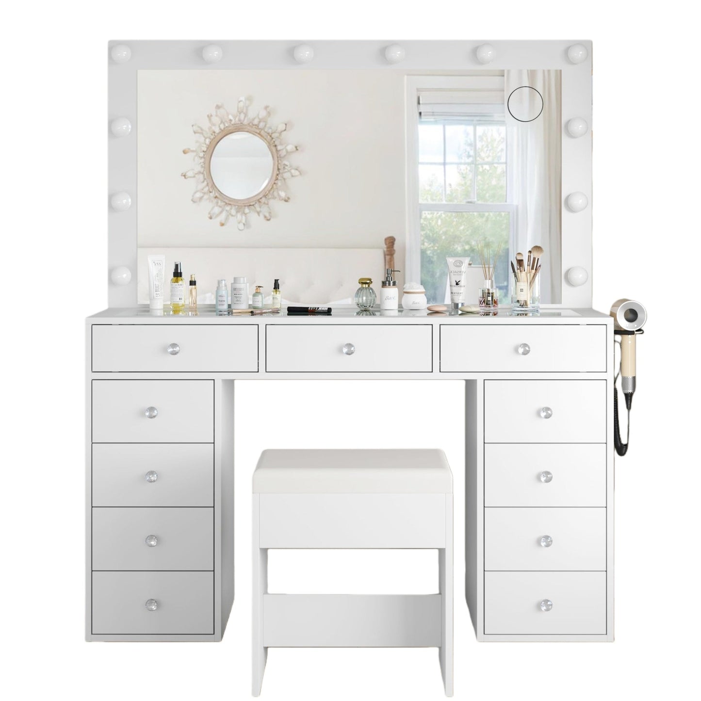 Vektaya US - VD003 Bedroom Makeup Vanity desk with LED Mirror, 11 Drawers - VektayaFurnitureUS-VD003-WH