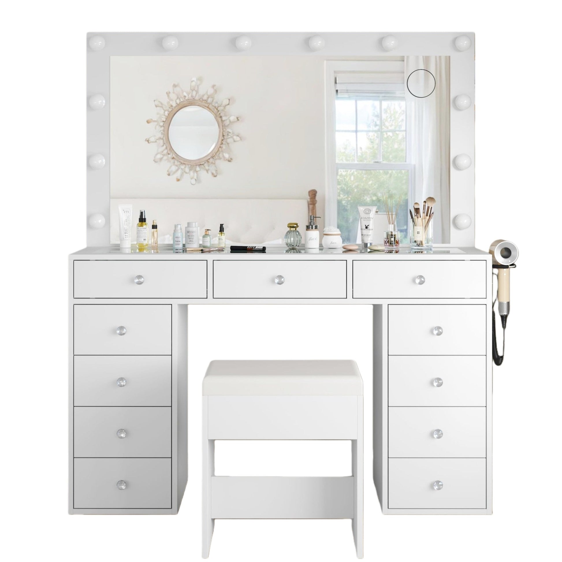 Vektaya US - VD003 Bedroom Makeup Vanity desk with LED Mirror, 11 Drawers - VektayaFurnitureUS-VD003-WH