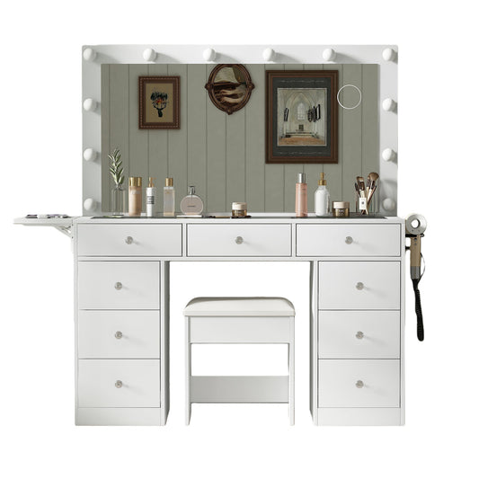 Vektaya US - VD007 Bedroom Makeup Vanity desk with LED Mirror, 9 Drawers - VektayaFurnitureUS-VD007-WH