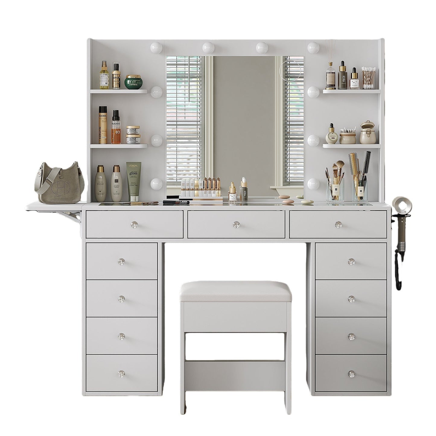 Vektaya US - VD010 Bedroom Makeup Vanity desk with LED MirrorLED Mirror, 9 Drawers - VektayaFurnitureUS-VD010-WH