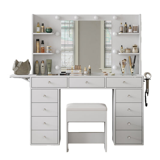 Vektaya US - VD010 Bedroom Makeup Vanity desk with LED MirrorLED Mirror, 9 Drawers - VektayaFurnitureUS-VD010-WH