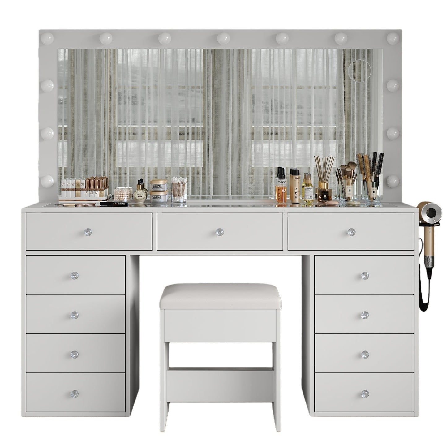 Vektaya US - VD015 Bedroom Makeup Vanity desk with LED Mirror, 11 Drawers - VektayaFurnitureUS-VD015-WH