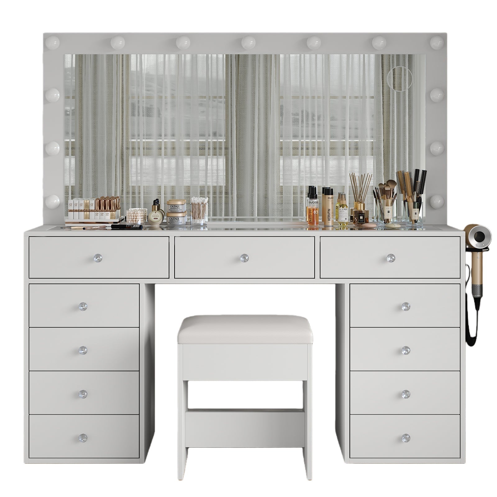 Vektaya US - VD015 Bedroom Makeup Vanity desk with LED Mirror, 11 Drawers - VektayaFurnitureUS-VD015-WH