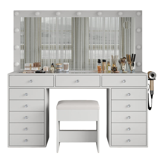 Vektaya US - VD016 Bedroom Makeup Vanity desk with LED Mirror, 13 Drawers - VektayaFurnitureUS-VD016-WH