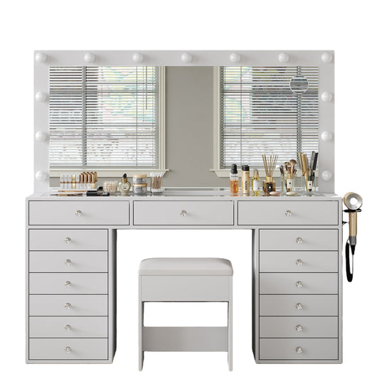 Vektaya US - VD017 Bedroom Makeup Vanity desk with LED Mirror, 15 Drawers - VektayaFurnitureUS-VD017-WH