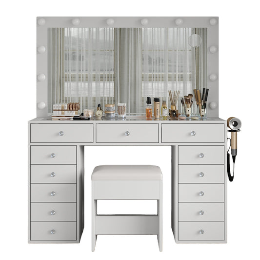 Vektaya US - VD018 Bedroom Makeup Vanity desk with LED Mirror, 13 Drawers - VektayaFurnitureUS-VD018-WH