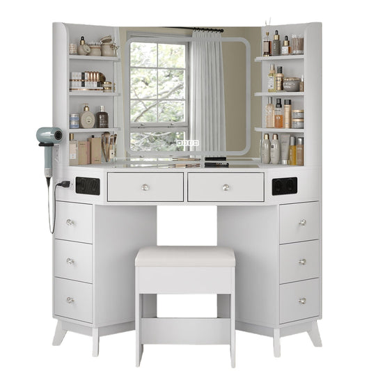 Vektaya US - VD021 Corner Makeup Vanity, Mirror, Lights, Bluetooth, White - VektayaFurnitureUS-VD021-WH