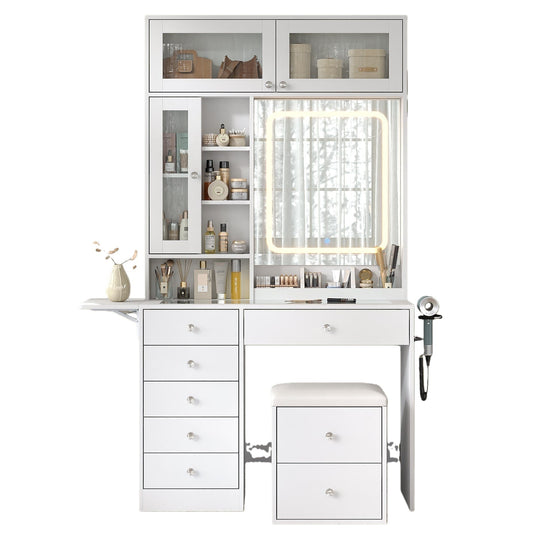 Vektaya US - VD022 Vanity Desk with Mirror, Lights, Drawers, Stool, White - VektayaFurnitureUS-VD022-WH