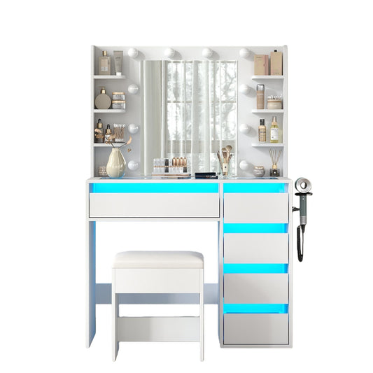 Vektaya US - VD025 Vanity Table with Mirror, 3 Lighting Modes, 5 Drawers & Glass Top - VektayaFurniture