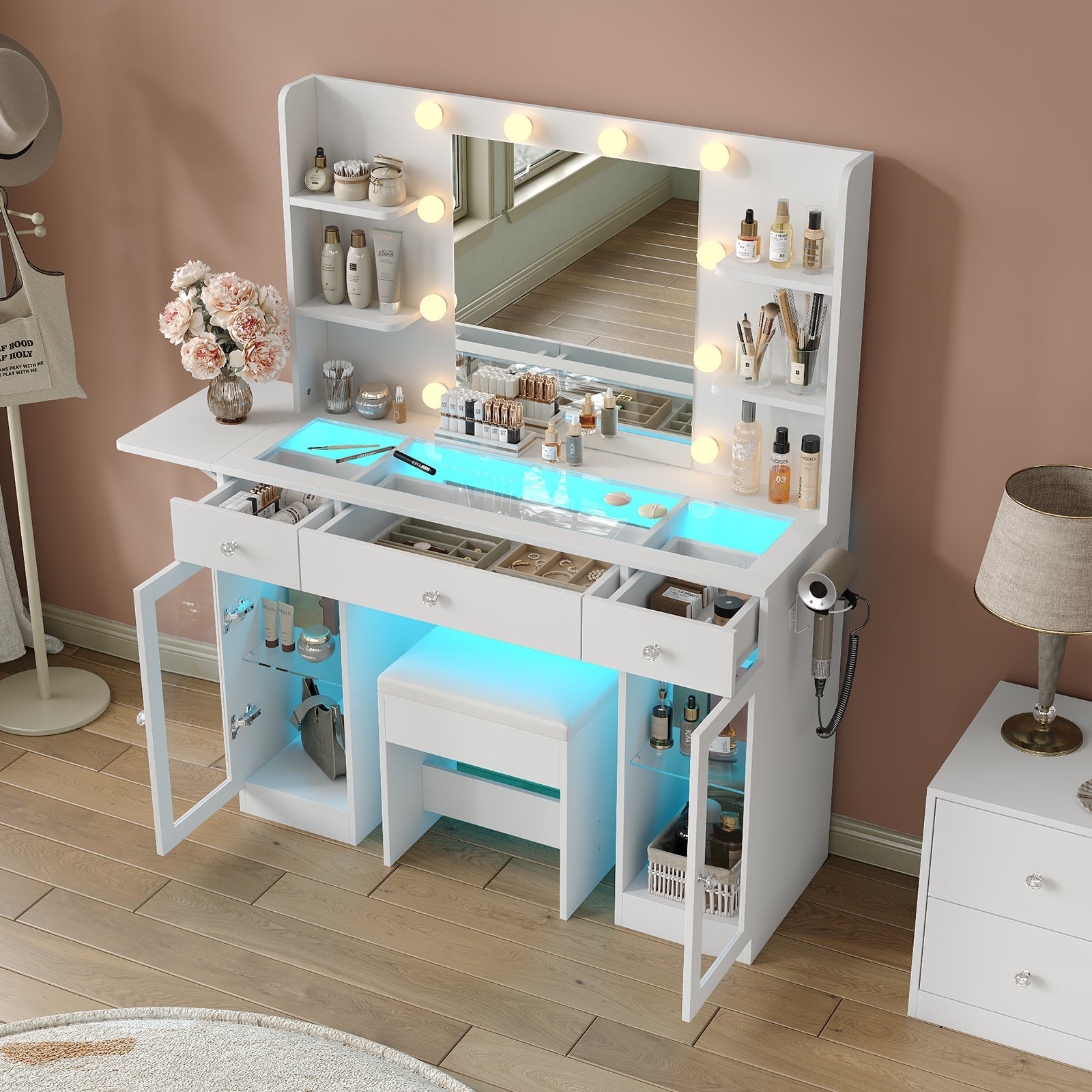 3-Drawer LED Mirror Vanity Desk with Charging Station, 2 Cabinets, Chair, White
