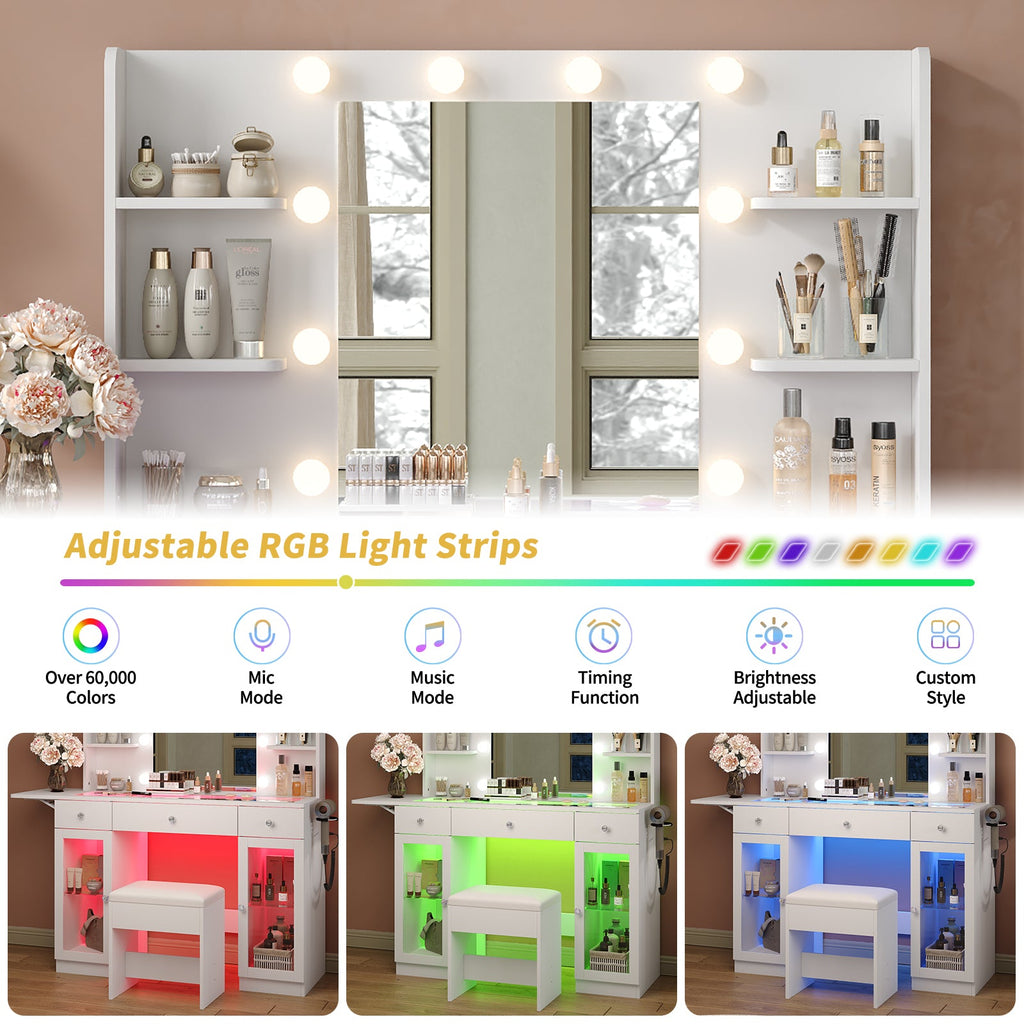 3-Drawer LED Mirror Vanity Desk with Charging Station, 2 Cabinets, Chair, White
