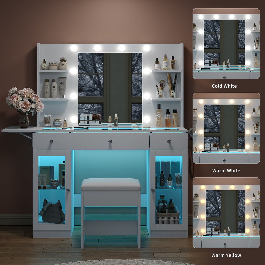 3-Drawer LED Mirror Vanity Desk with Charging Station, 2 Cabinets, Chair, White