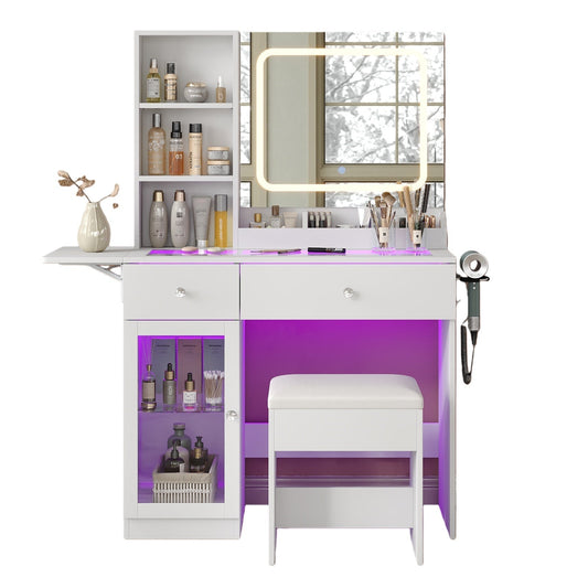 Vektaya US - VD031 - WH Vanity Desk with Mirror, Charging Station,2 Drawers,and Chair,White - VektayaFurnitureUS-VD031-WH
