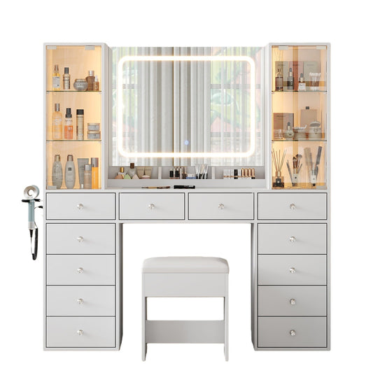 Vektaya US - VD035 Bedroom Makeup Vanity desk with mirror, 12 Drawers - VektayaFurnitureUS-VD035-WH