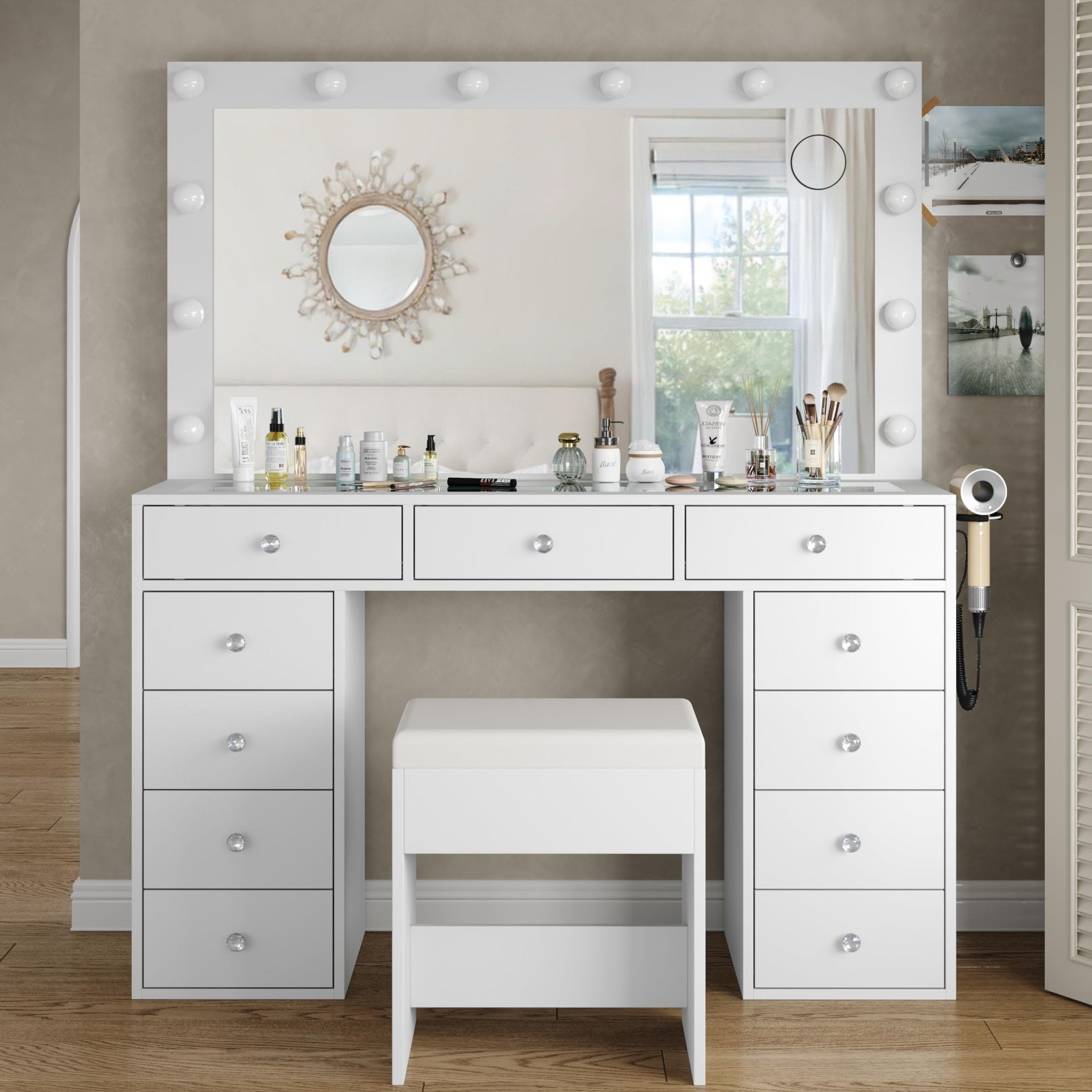 Large LED mirror vanity desk with wide tabletop, drawers, shelves, and bedroom storage