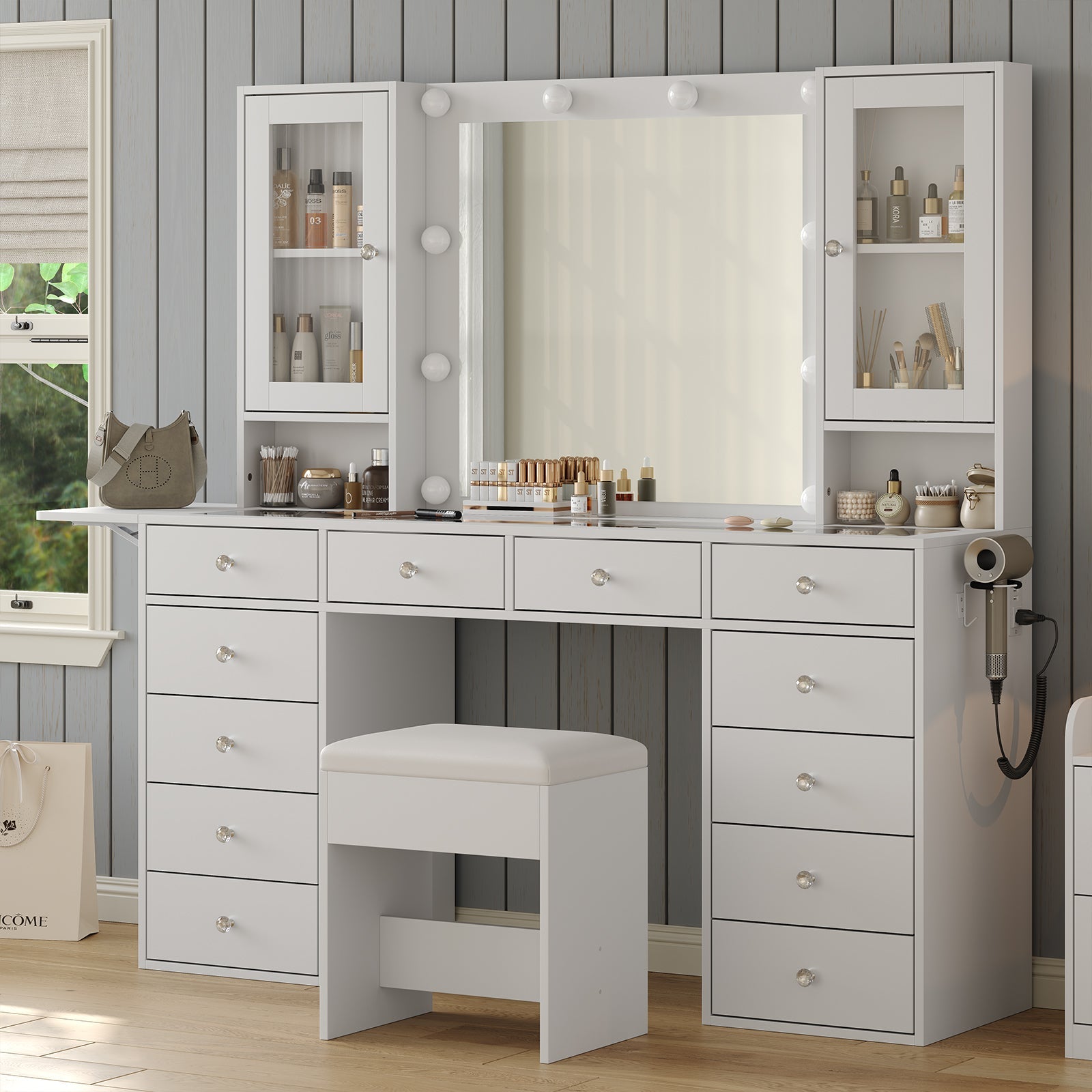 VD012 Bedroom Makeup Vanity desk with LED Mirror, 12 Drawers