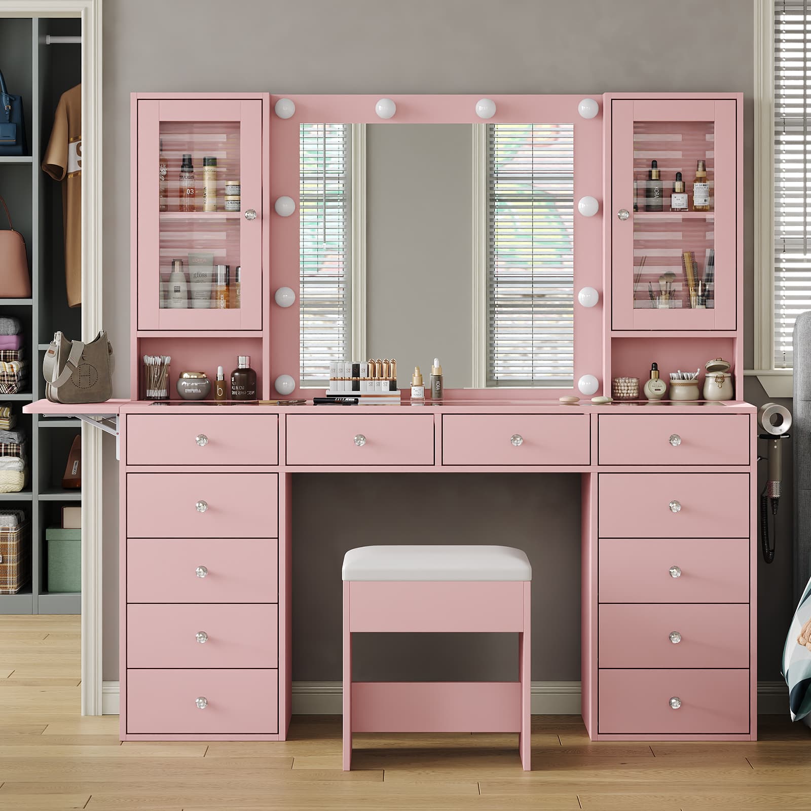VD012 Bedroom Makeup Vanity desk with LED Mirror, 12 Drawers
