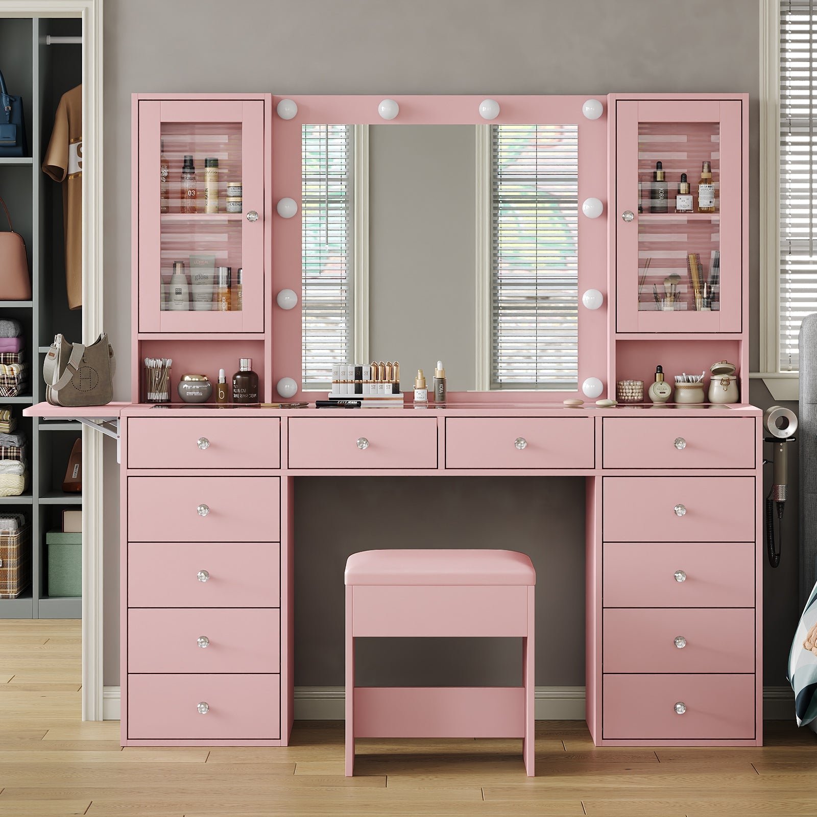 VD012 Bedroom Makeup Vanity desk with LED Mirror, 12 Drawers