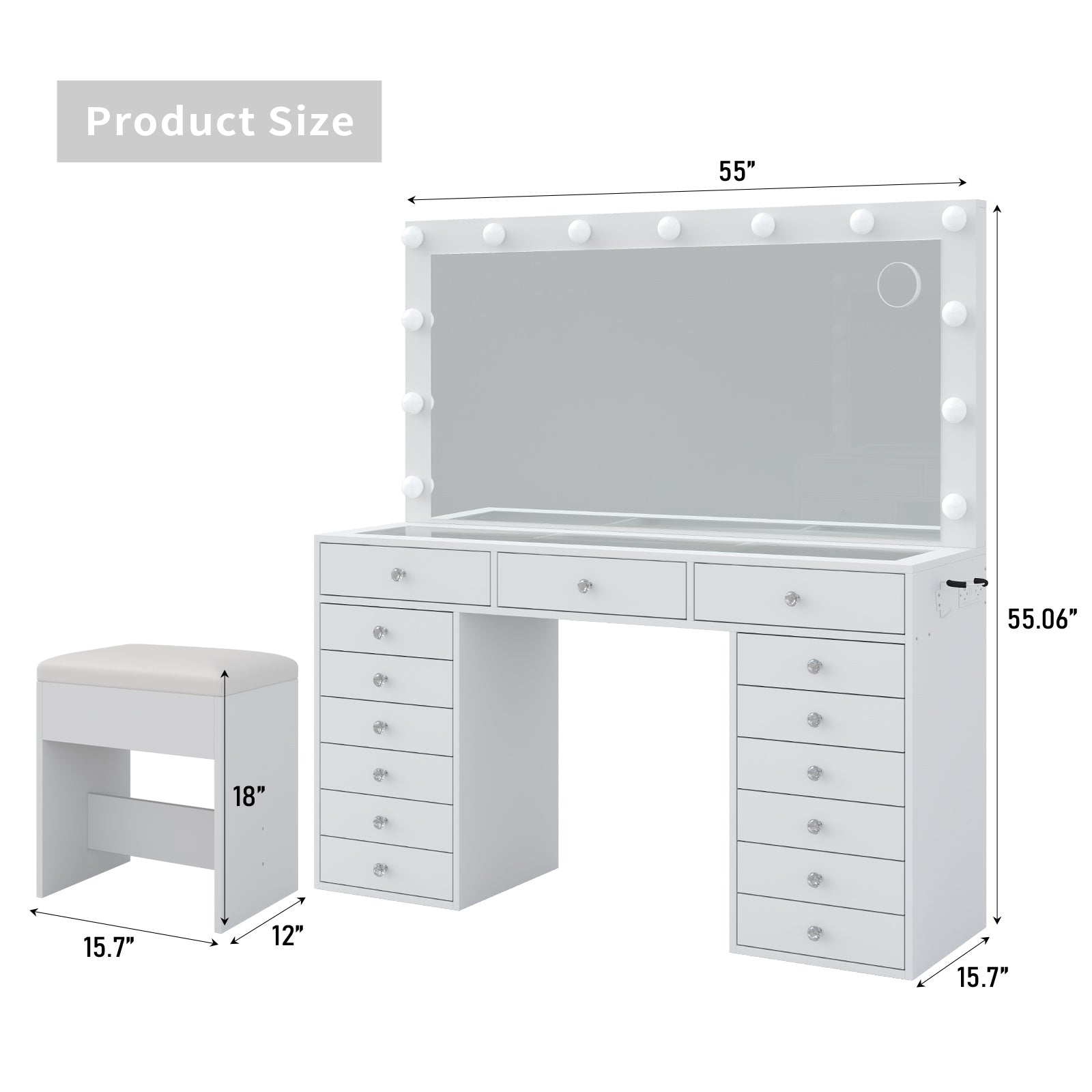 VD017 Bedroom Makeup Vanity desk with LED Mirror, 15 Drawers