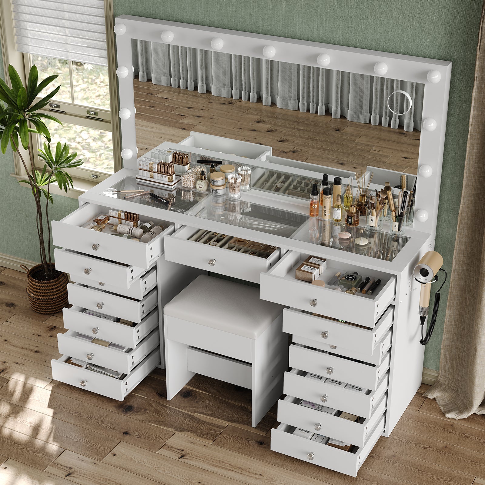 VD017 Bedroom Makeup Vanity desk with LED Mirror, 15 Drawers