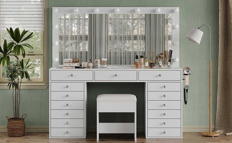 VD017 Bedroom Makeup Vanity desk with LED Mirror, 15 Drawers
