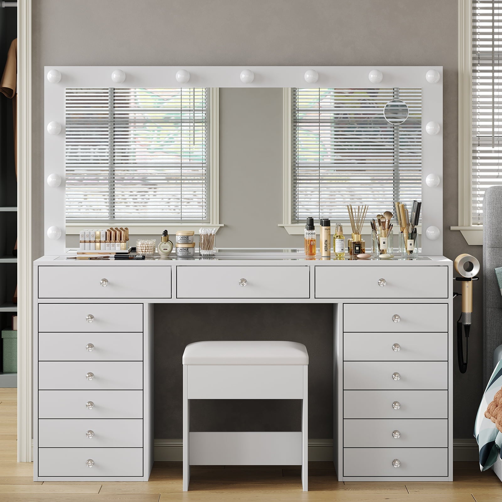 VD017 Bedroom Makeup Vanity desk with LED Mirror, 15 Drawers