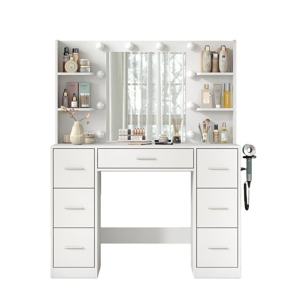 7-Drawer LED Mirror Vanity Desk with Charging Station