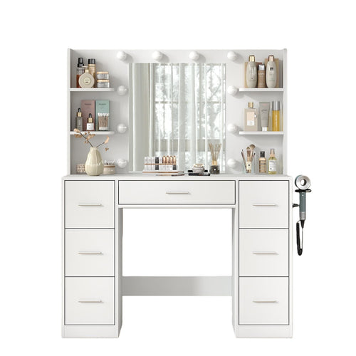 7-Drawer LED Mirror Vanity Desk with Charging Station