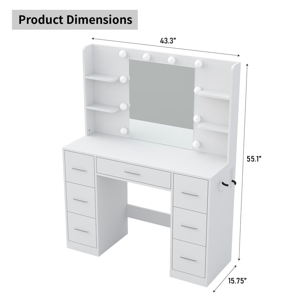 7-Drawer LED Mirror Vanity Desk with Charging Station