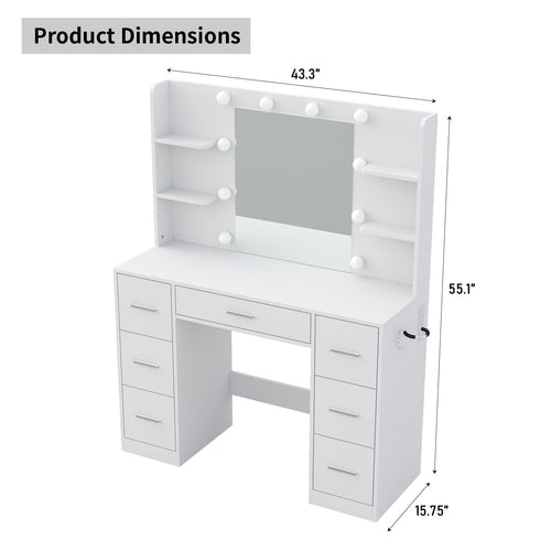 7-Drawer LED Mirror Vanity Desk with Charging Station