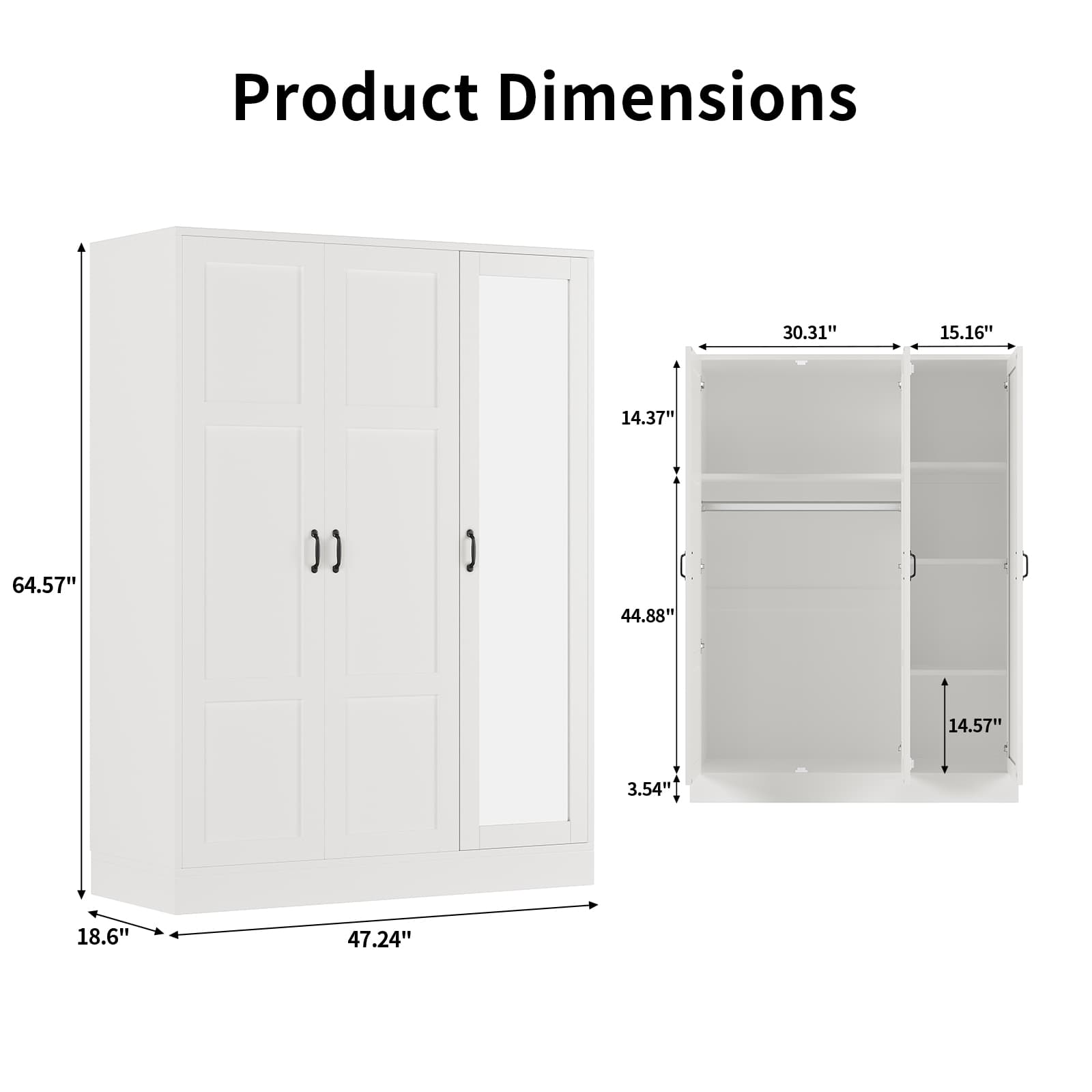 Modern 3-Door Wardrobe Armoire with Mirror, Shelves & Hanging Rod, White