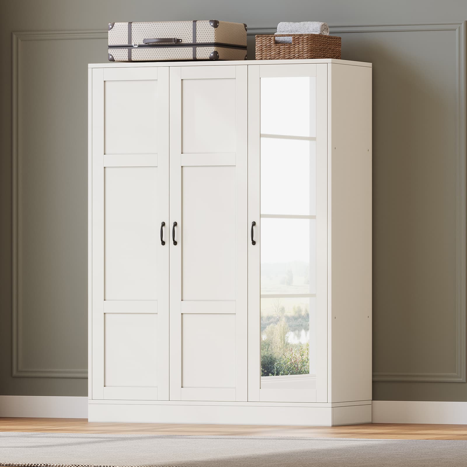Modern 3-Door Wardrobe Armoire with Mirror, Shelves & Hanging Rod, White