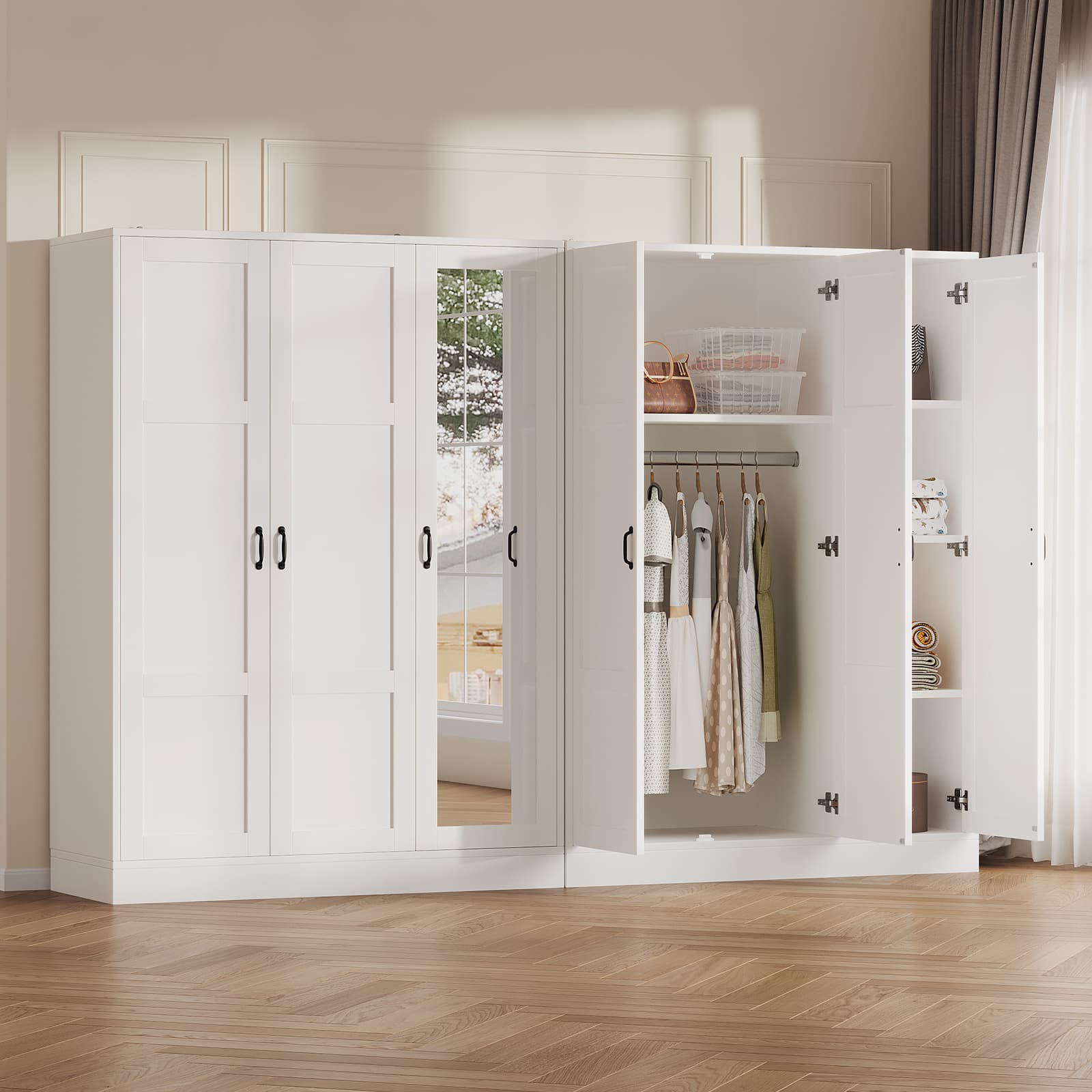 Modern 3-Door Wardrobe Armoire with Mirror, Shelves & Hanging Rod, White