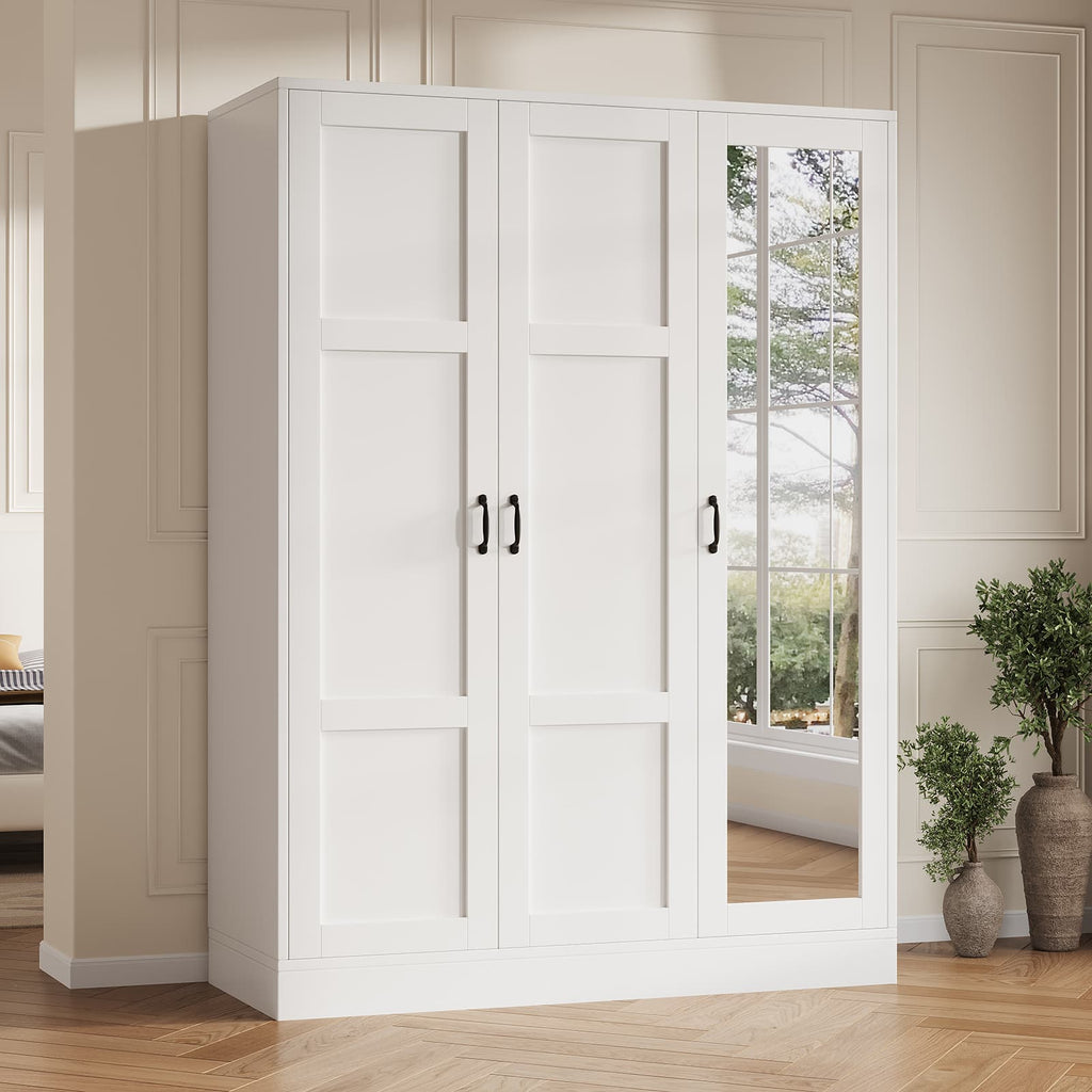 Modern 3-Door Wardrobe Armoire with Mirror, Shelves & Hanging Rod, White