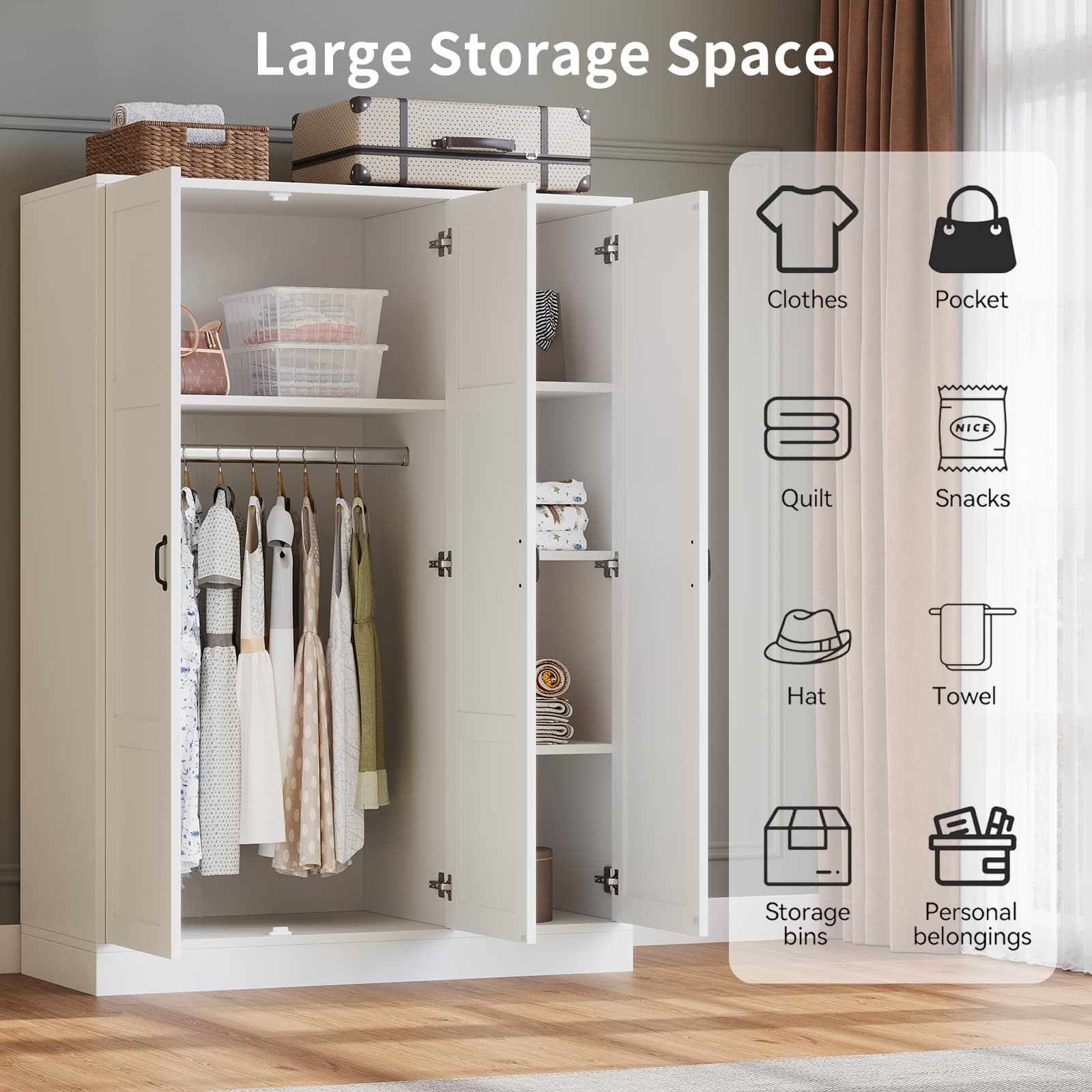 Modern 3-Door Wardrobe Armoire with Mirror, Shelves & Hanging Rod, White