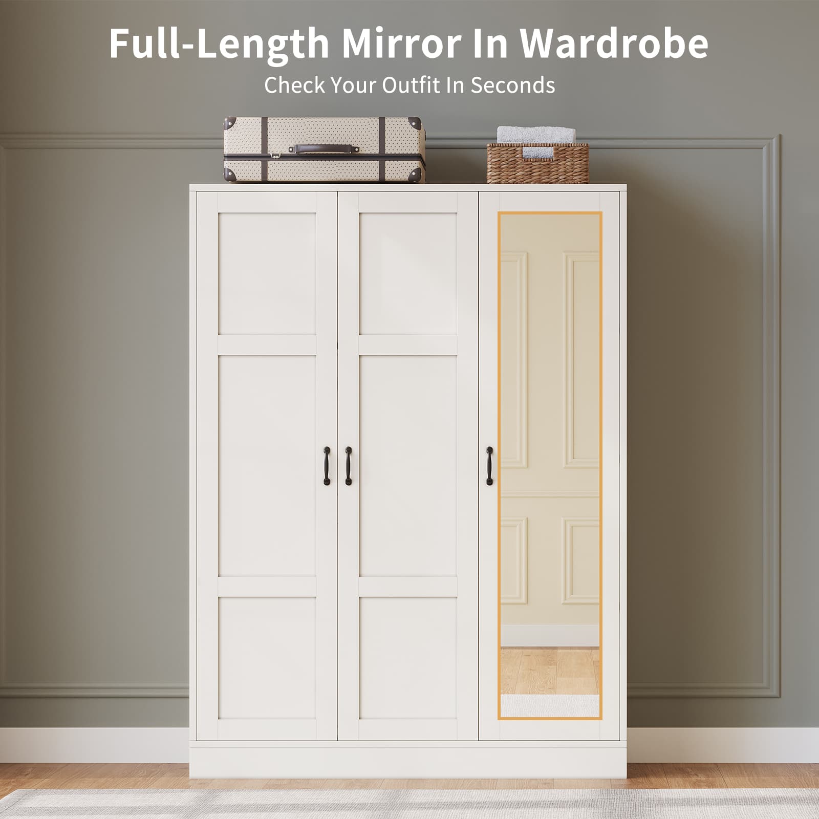 Modern 3-Door Wardrobe Armoire with Mirror, Shelves & Hanging Rod, White