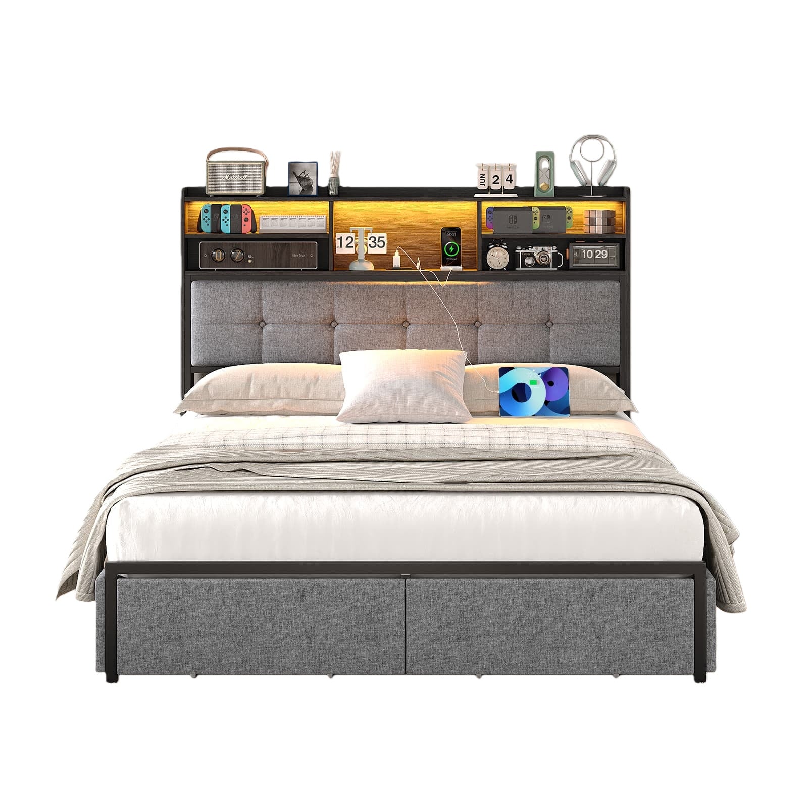 VektayaUS - BF011 - BL Full/Queen/King Bed Frame with 6 Drawers, Easy Assembly, USB Charging, LED Headboard, No Box Spring Needed - VektayaFurnitureUS-BF011-BL-F