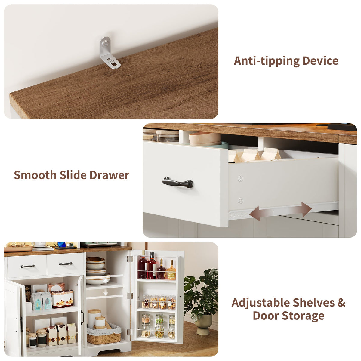 White Farmhouse Pantry Cabinet for Kitchen with 4 Drawers, Charging Station, RGB LED Lights, Adjustable Shelves & Door Storage - Yanosaku