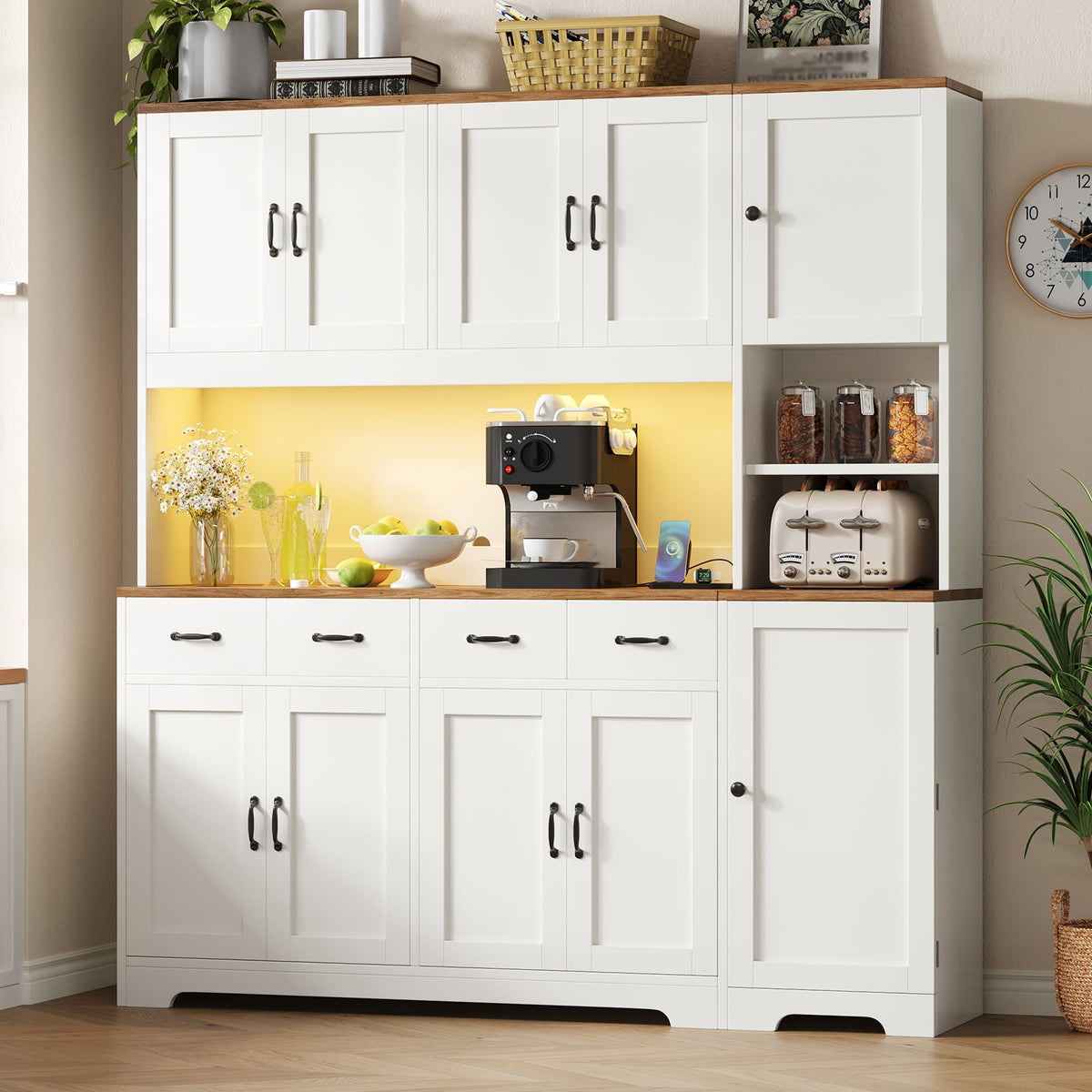 White Farmhouse Pantry Cabinet for Kitchen with 4 Drawers, Charging Station, RGB LED Lights, Adjustable Shelves & Door Storage - Yanosaku