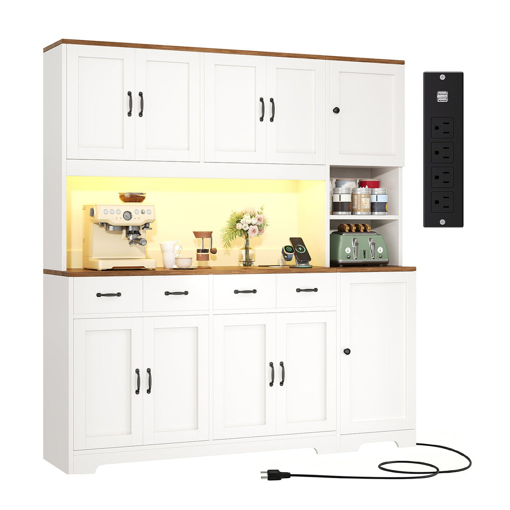 White Farmhouse Pantry Cabinet for Kitchen with 4 Drawers, Charging Station, RGB LED Lights, Adjustable Shelves & Door Storage - Yanosaku
