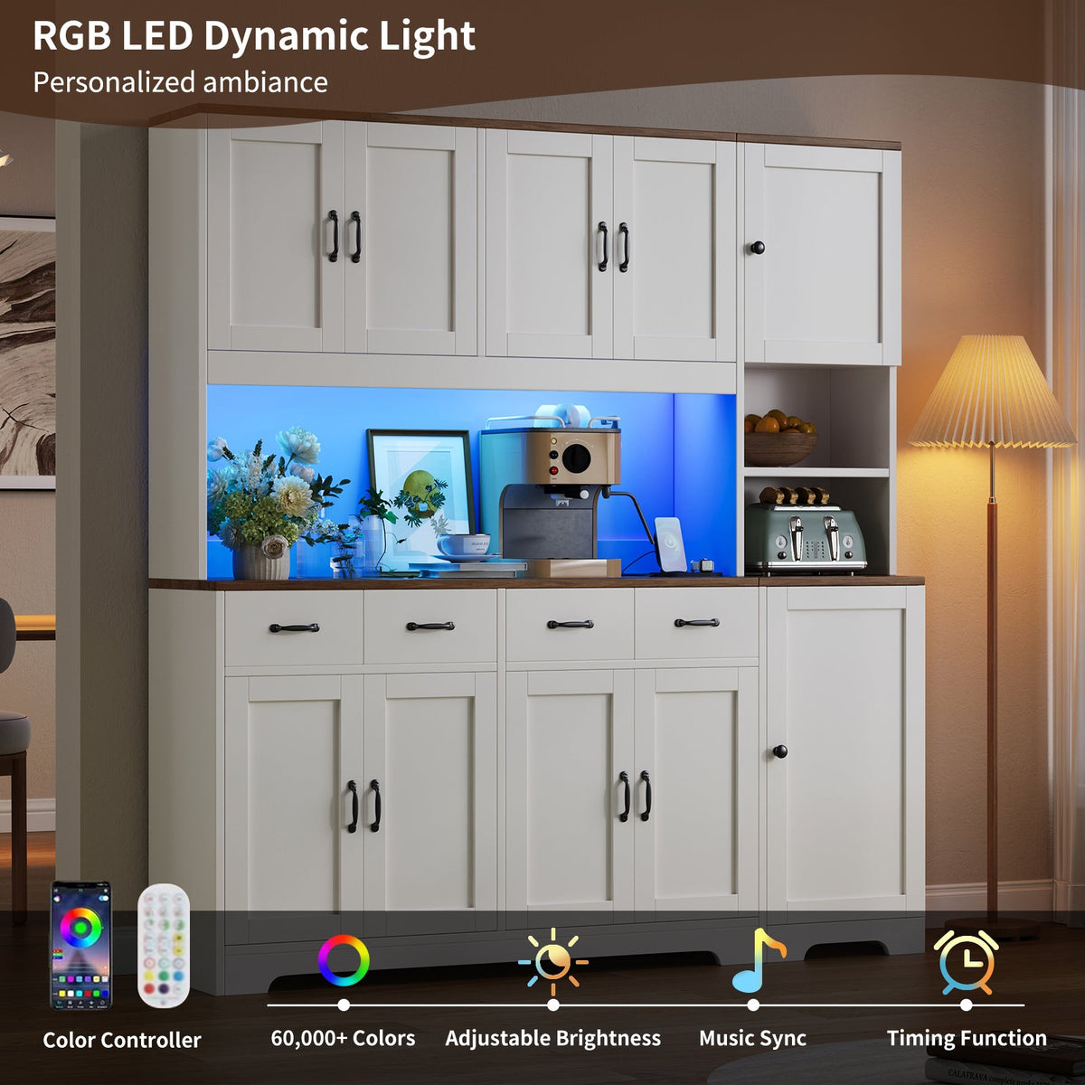 White Farmhouse Pantry Cabinet for Kitchen with 4 Drawers, Charging Station, RGB LED Lights, Adjustable Shelves & Door Storage - Yanosaku
